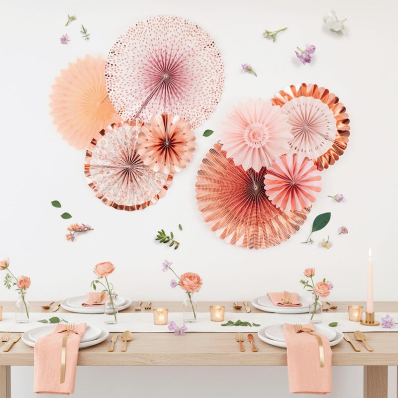 PapaKit Origami Wall Decoration Set (8 Assorted Round Paper Fans) Birthday Party Baby Shower Wedding Events Decor | Creative Art Design Pattern (Lustrous Pink Coral with Metallic Rose Gold) - Image 1